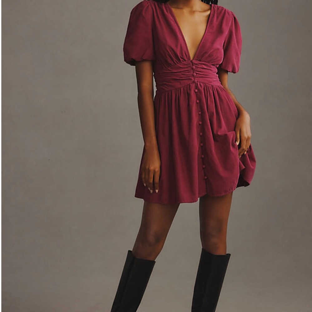 Anthropologie The Katerina Button Front Mini Dress in Wine Corduroy